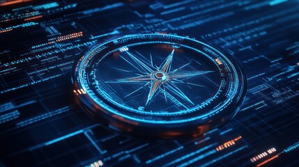 A futuristic compass design overlaid on a digital circuit background.
