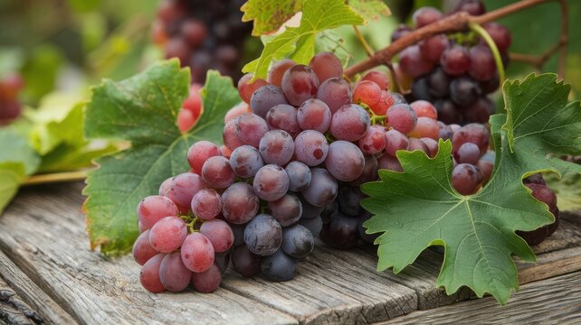 A cluster of fresh grapes surrounded by green leaves, resting on a rustic wooden surface, showcasing vibrant colors and natural beauty.