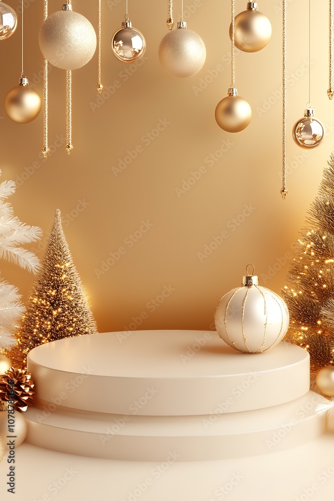 Poster gold and white christmas decorations with empty showcase platform for festive display : generative a