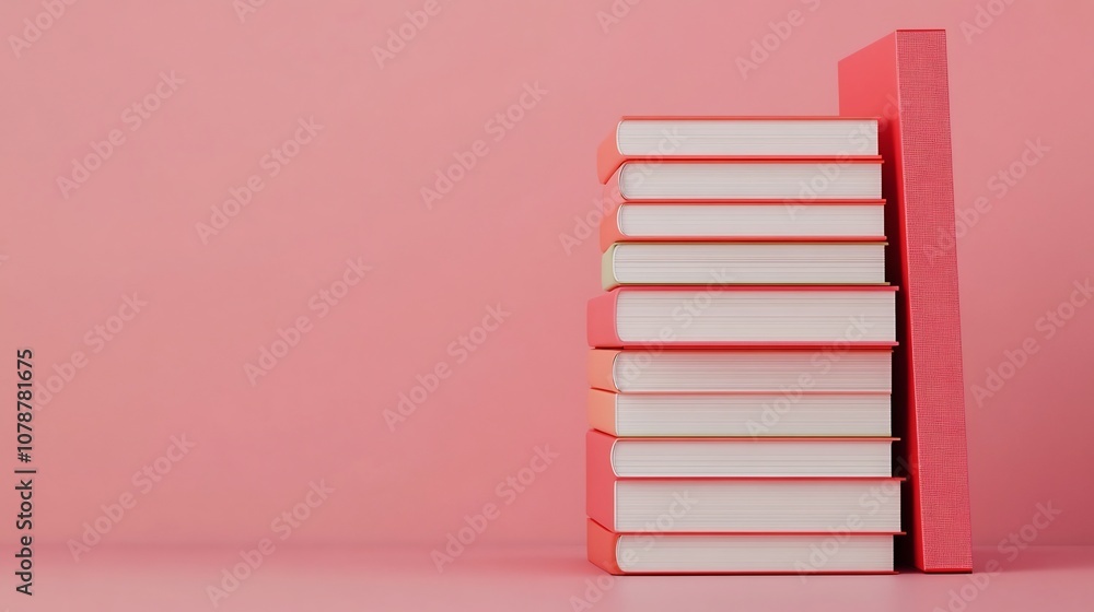 Poster organized stacks of office supplies and expense documentation on simple red background