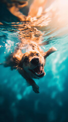 a cute dog swimming in a big empty pool, smiling, under-water perspective, bright lighting casting shadow of the ripples on the bottom of the pool