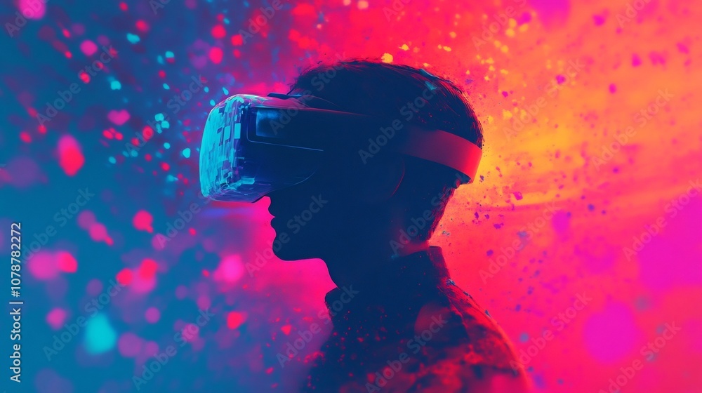 Poster digital immersed in futuristic virtual art creation with vr headset