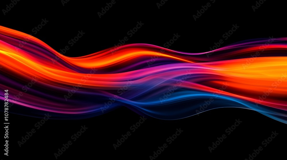 Poster vibrant digital fractal art design with flowing waves of colorful lights and swirls on dark