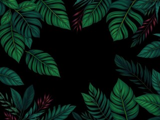 Elegant dark pattern featuring exotic leaves in shades of green and black, background, stylish, exotic