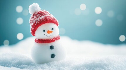 Fototapeta premium A small snowman wearing a red hat and scarf stands in the snow with a blurred blue background and bokeh lights.