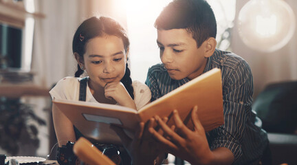 Children, book and siblings reading for learning, bonding and brain development together in home. Brother, sister and study for education, knowledge and growth with language skills, story or homework