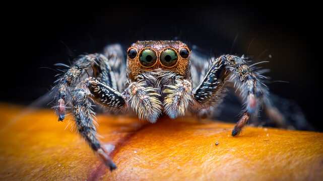 Jumping spider looking the camera on leaf with black background