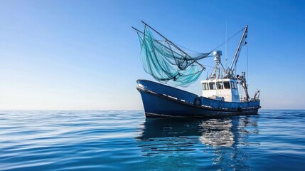 Fototapeta premium A fishing boat with nets is seen on a calm sea under a clear blue sky, illustrating maritime activity and the fishing industry.
