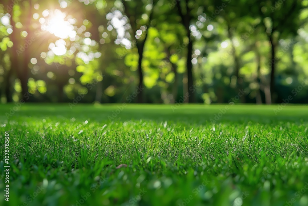 Poster a lush green field with trees in the background. the sun is shining brightly, creating a warm and in