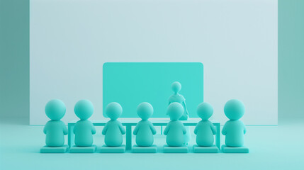 Obraz premium A 3D illustration depicts people seated around a table, attentively listening to a teacher or boss standing by the blackboard in a classroom setting.