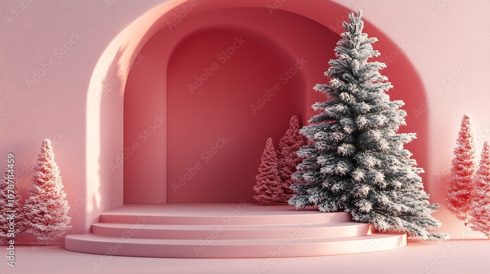 Poster elegant pink christmas scene with frosted trees in minimalist architectural setting : generative ai