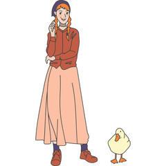 A young woman with braided hair stands playfully beside a cheerful duck in an animated illustration showcasing a whimsical outdoor atmosphere