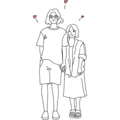 Cute couple holding hands with hearts above their heads, showcasing love and affection in a simple line drawing style