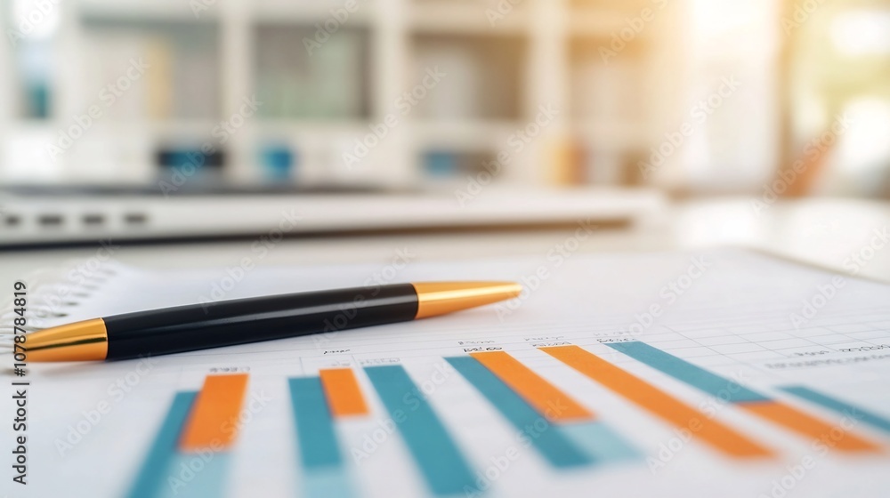 Poster organized desk with open notebook,pen,and expense list in tidy office for financial management