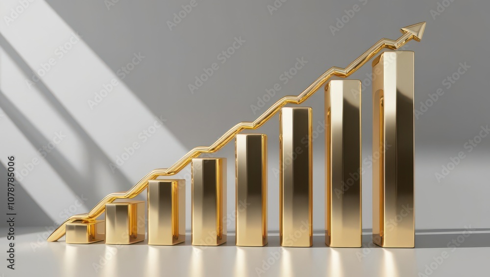 Poster a golden bar graph representing growth and success, showcasing an upward trend with a dynamic design