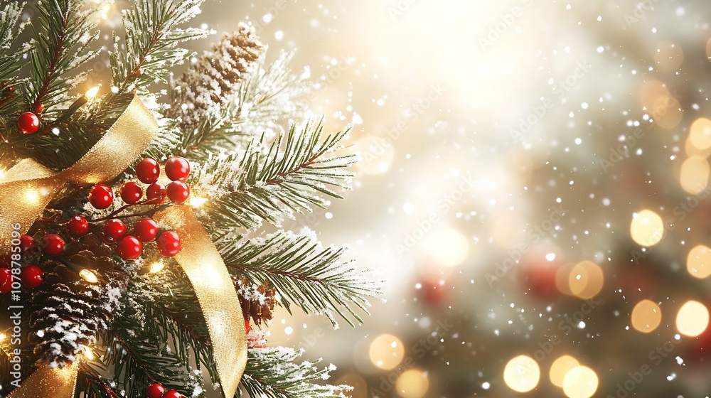 Aufkleber sparkling christmas tree branch with berries and gold ribbons in a magical winter snowfall scene : g