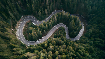Aerial View of a Winding Road Through a Dense Forest