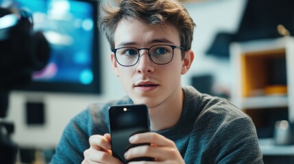 Fototapeta premium Young man with glasses enthusiastically reviewing a smartphone at a modern desk setup, streaming a tech gadget review, engaging with the audience in a vibrant studio environment.