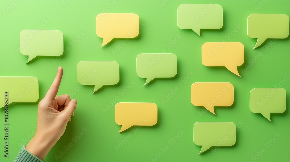 Poster hand pointing at speech bubbles symbolizes communication and interaction.