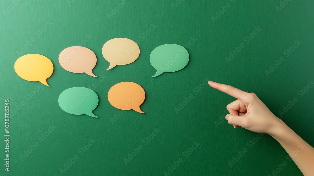 Poster colorful speech bubbles and a pointing hand symbolize communication and interaction.