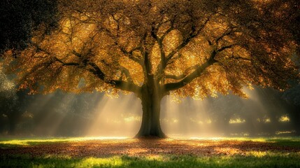 A large tree with leaves that are yellow and brown. The tree is in the middle of a field and the sun is shining on it