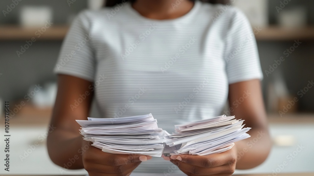 Poster hands sorting receipts and entering expenses into spreadsheet on calm background