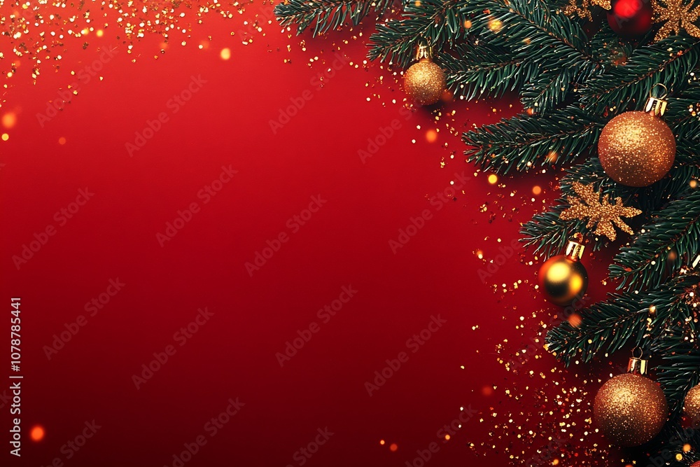 Poster golden holiday ornaments on red background with pine tree branches and sparkling glitter : generativ