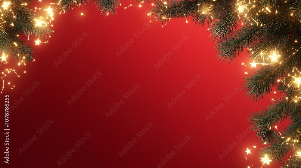 Aufkleber festive christmas background with pine branches and glowing warm lights on red surface : generative 