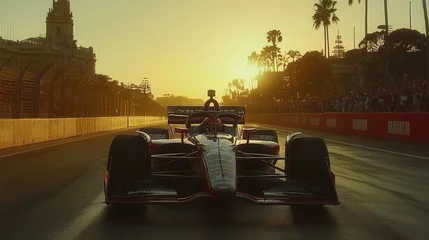  A race car is driving down a track with a sunset in the background. The car is black and red and is the center of attention © JO BLA CO