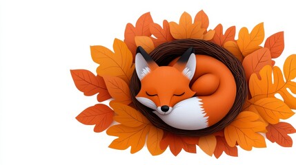 Adorable Sleeping Fox in Autumn Leaves Nest Illustration