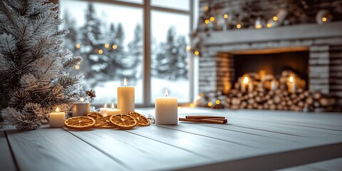 Rustic Winter Table Decor with Candles and Festive Christmas Fireplace : Generative AI