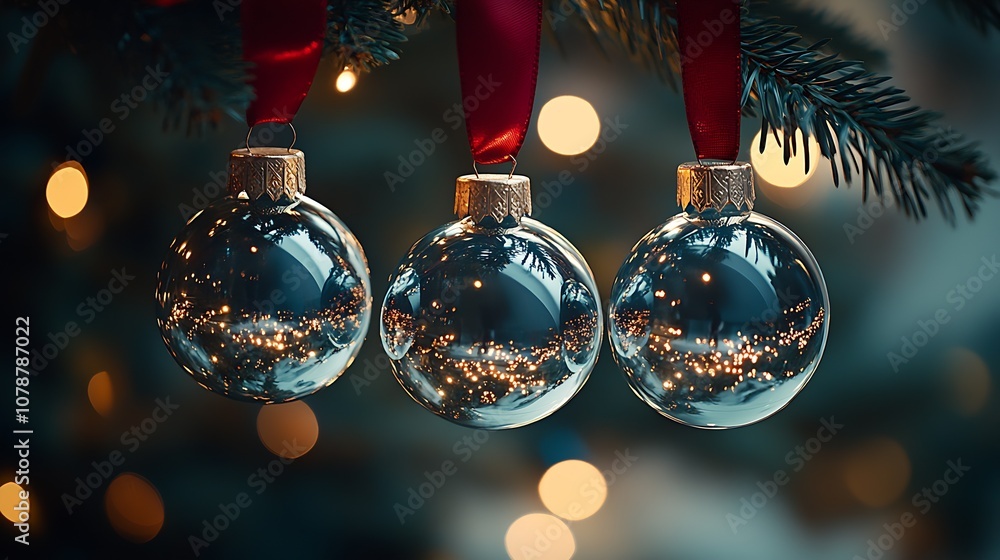 Poster elegant transparent christmas ornaments with warm light and bokeh effect : generative ai