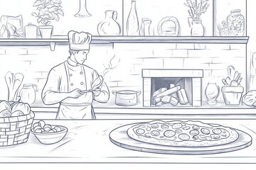 Hand-drawn sketch illustration of traditional Italian cuisine pizza