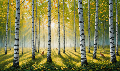 Sunbeams stream through a birch forest, illuminating the trunks and casting long shadows on the forest floor