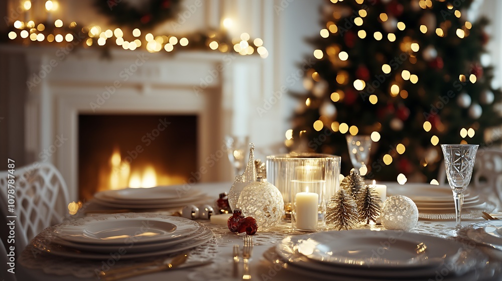 Aufkleber cozy elegant christmas dining table setting with candles and tree in background : generative ai