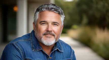 Fototapeta premium A man with a beard and gray hair is wearing a blue shirt and sitting on a porch. He has a smile on his face and he is enjoying the moment