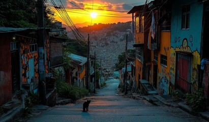 Obraz premium AI generator image of street road with a lot of houses Golden hour sun lighting.