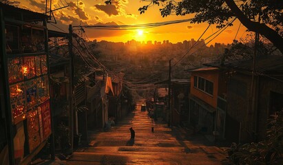 Obraz premium AI generator image of street road with a lot of houses Golden hour sun lighting.