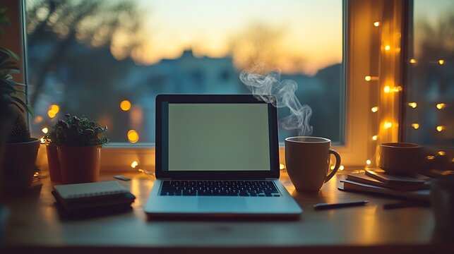 Minimalist Home Office Setup with Tea and Morning Glow : Generative AI