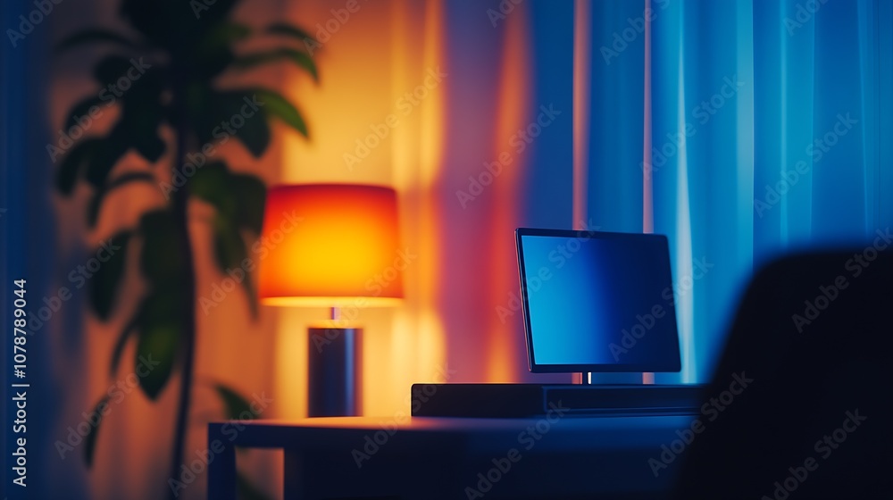 Poster Cozy Home Office Setup with Modern Desk Lamp and Computer at Dusk : Generative AI