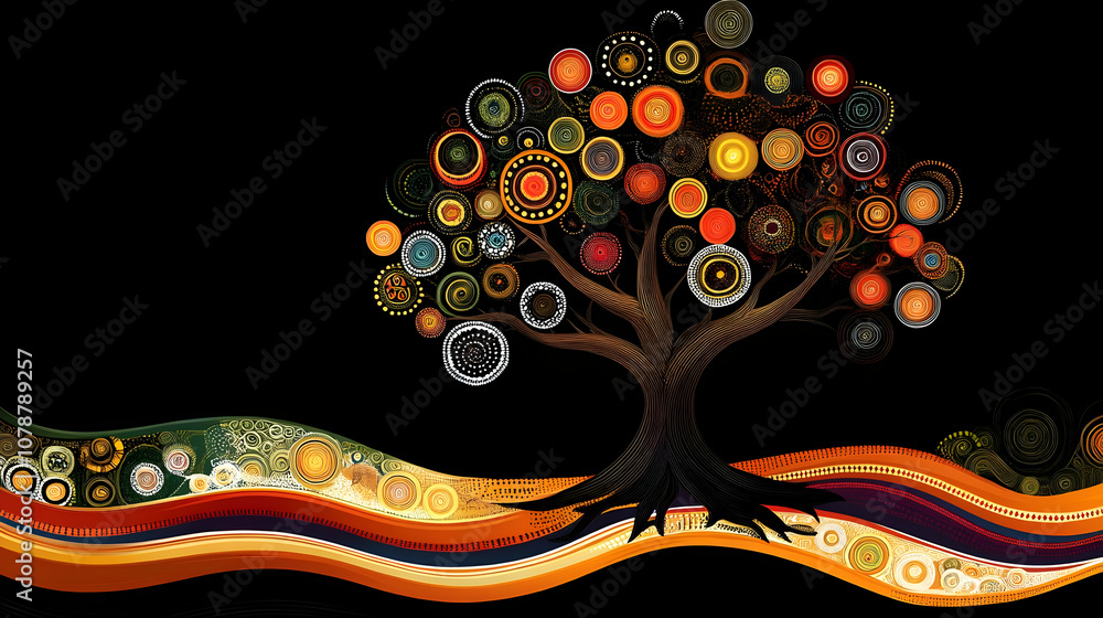 Poster abstract tree illustration with colorful circle patterns on black background
