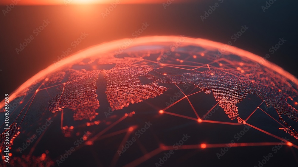 Aufkleber interconnected global business network across continents on illuminated 3d sphere map