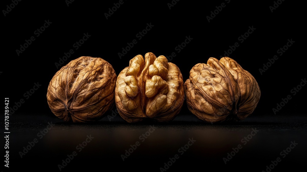 Poster three walnuts are displayed dark background emphasizing their intricate textures and shapes soft dra