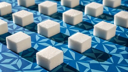 White Sugar Cubes on Blue Geometric Background,Abstract Sugar Cube Design with Blue Geometric Pattern