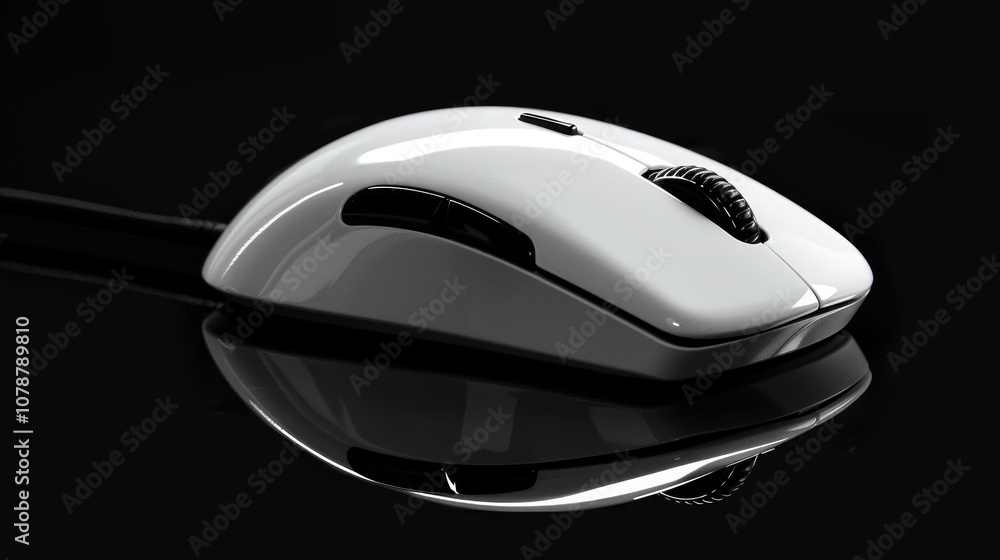 Poster white gaming mouse with black scroll wheel and buttons on a reflective surface.