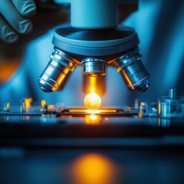 Close-up view of a microscope revealing intricate details of a specimen under observation with bright illumination.