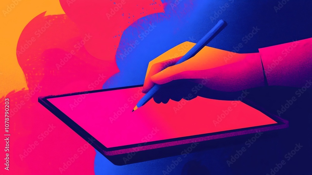 Poster designer sketching on digital tablet with dynamic colors creative process