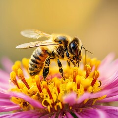 Fototapeta premium Macro Close-Up of a Bee Gathering Pollen on a Vibrant Flower
