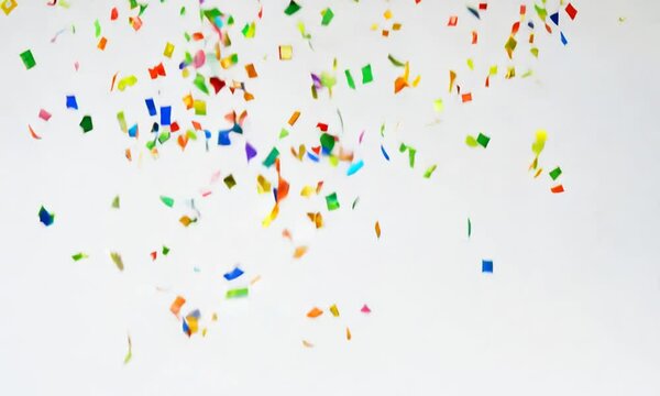 Colorful confetti flying on a white background. Festive video background of confetti. Concept of birthday, party, etc. Video of confetti on a white background.