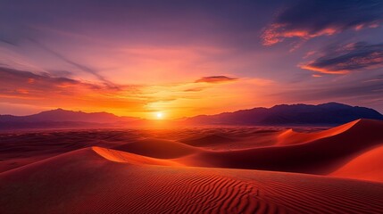 Majestic Desert Sunset Vibrant Sand Dunes Dramatic Sky Mountain Range